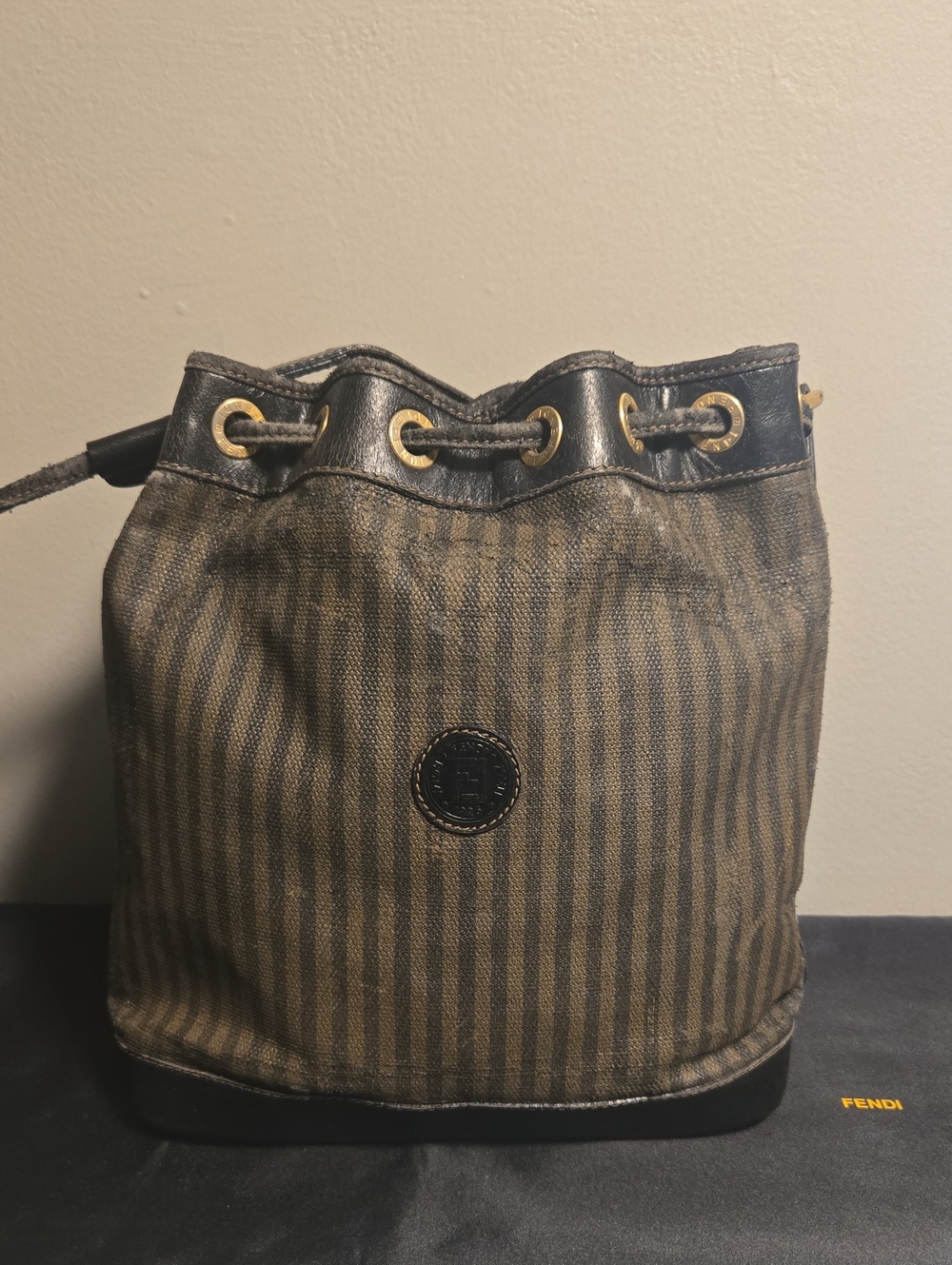 Fendi Brown Striped Canvas Drawstring Crossbody Bag with Pouch